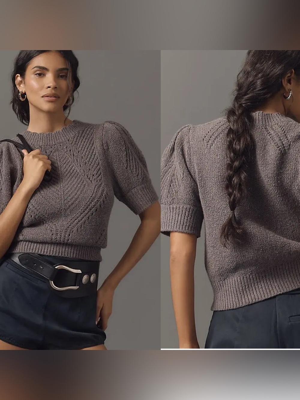 Anthropologie Pointelle Short Sleeve Sweater Heather Mink Gray Size Medium